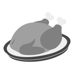 Whole roasted turkey on oval platter in grayscale. Traditional Thanksgiving dinner. Icon concept