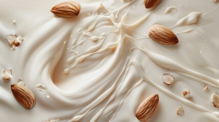 Smooth Almond Milk Splash Swirl with Floating Almond Slices on White Background