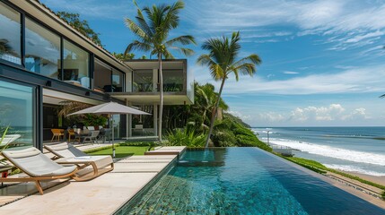 Fototapeta premium luxurious beachfront villa with expansive glass