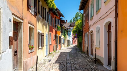 Fototapeta premium A picturesque street in a quaint European village, with cobblestone paths, colorful buildings, and tourists exploring the area. 