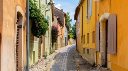 Fototapeta premium A picturesque street in a quaint European village, with cobblestone paths, colorful buildings, and tourists exploring the area. 