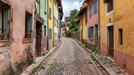 A picturesque street in a quaint European village, with cobblestone paths, colorful buildings, and tourists exploring the area. 