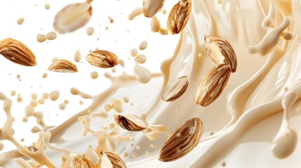 Almond Milk Splash Swirl with Suspended Almond Slices on White Background