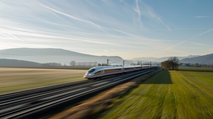 Fototapeta premium A high-speed train zooming through a countryside landscape, with mountains and fields in the distance. 