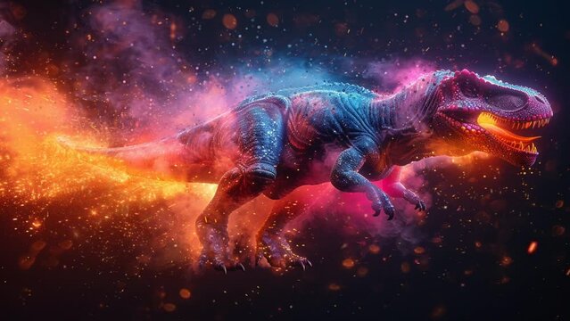 Extreme fantasy of dinosaur, t rex angry with glowing neon color art
