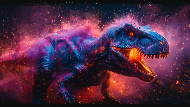 Extreme fantasy of dinosaur, t rex angry with glowing neon color art