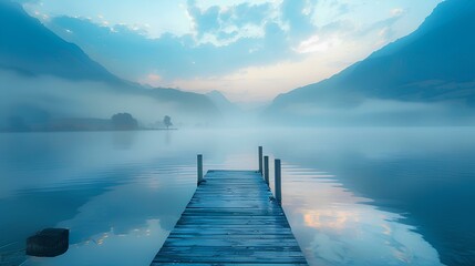 Obraz premium serene lakeside scene at dawn with mountains