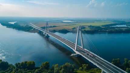 Aerial View of a Magnificent Modern Bridge Spanning a Majestic River