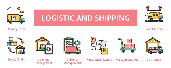 Logistic and Shipping Lineal Color Banner Web Icon Set Vector Illustration, Delivery Truck Supply Chain Inventory Delivery Management Route Optimization  Package Loading Distribution Free Delivery
