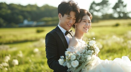 A handsome asian young man in a black tuxedo and white shirt is carrying his beautiful wife,wearing an white Off-The-Shoulder Bubble Dress, smiling happily on a green grassland.