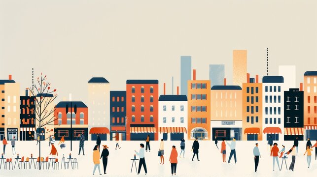 A bustling city street scene with people walking, shopping, and dining at outdoor cafes, capturing the vibrancy of urban life. 