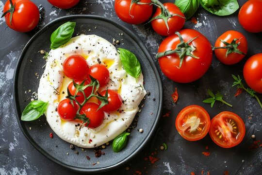 Top view of delicious burrata cheese and fresh tomatoes
