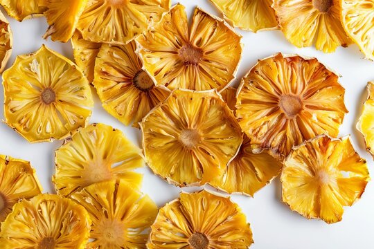 Top view of dried pineapple slices on white background