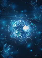 Obraz premium Digital Earth Surrounded by Hexagonal Global Network Connections Symbolizing Modern Technological Advancement and Interconnectivity