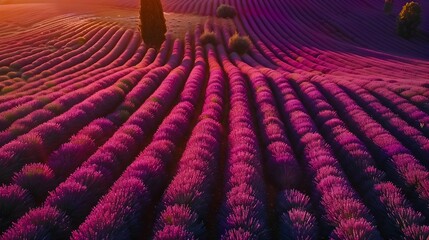 Obraz premium Vibrant Lavender Field Bathed in the Glow of Sunrise Aerial Landscape Photography