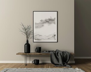Black Framed Poster of Linear Minimalistic Mountain and Cloud Landscape on Beige Wall Above Console Table with Dark Vases, Grey Blanket.