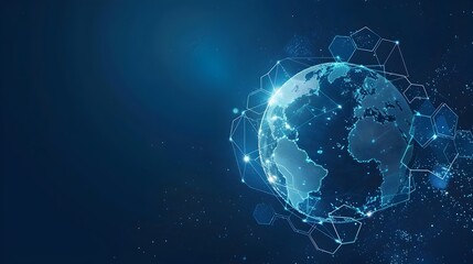 Elegant Digital Globe Surrounded by Glowing Hexagons and Network Connections