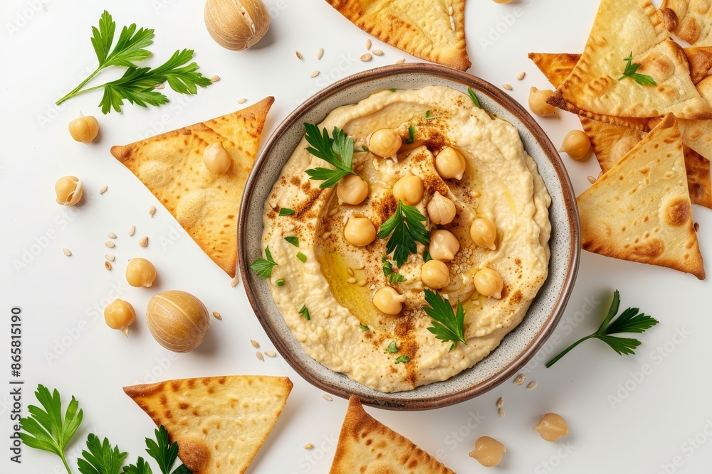 Sticker top view of pita chips and hummus with parsley on white background