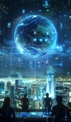 Futuristic Digital Cityscape with Holographic Sphere and Data Interface