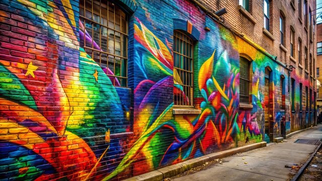 Vibrant colors spill across a weathered brick wall as dynamic graffiti art takes shape in a urban alleyway setting unabated.