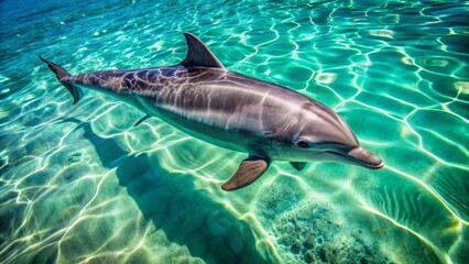 Fototapeta premium A majestic finless porpoise swims and rolls effortlessly in crystal-clear turquoise water, its sleek body glistening with sunlight filtration.