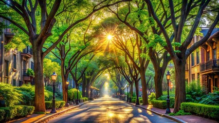 Fototapeta premium Vibrant artwork displays line a sunlit street shaded by lush green trees, creating a colorful atmosphere devoid of human presence.