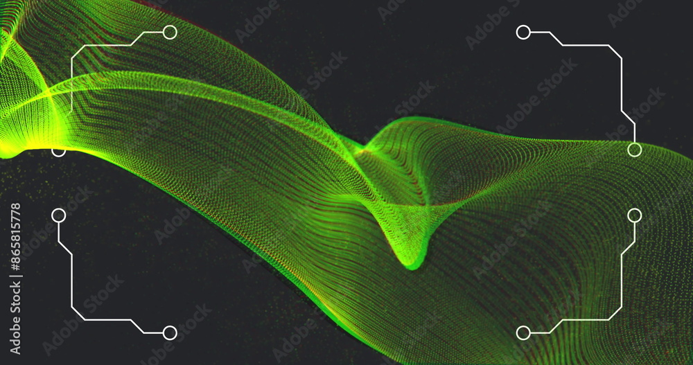 Poster image of patterned borders around green twist data connection wave moving on black background
