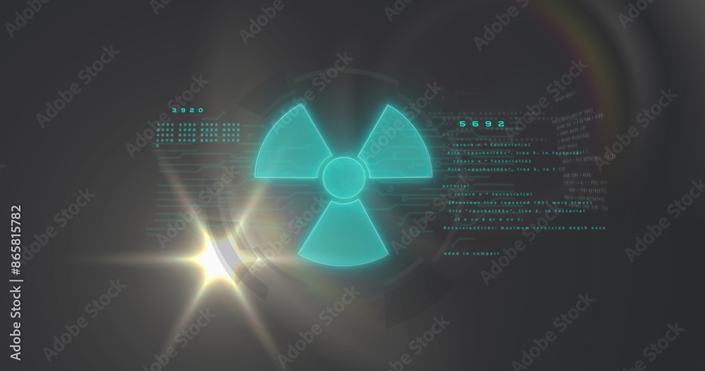 Poster image of blue geometric shape blinking by numbers and computer language on black background