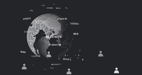 Image of profile icons moving and changing numbers around globe rotating over black background