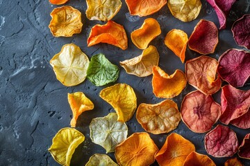 Top view of vegan plant based snack concept with dried vegetables on dark background Organic and healthy homemade fruit and veggie chips for