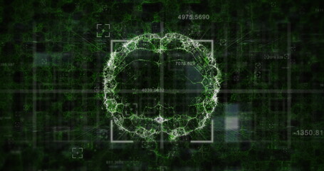 Image of data processing and scope scanning over spinning human brain icon on green background