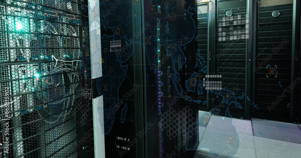 Poster image of data processing and world map over server room