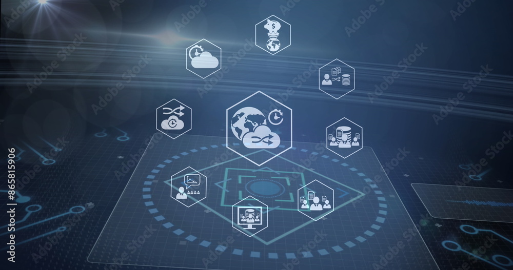 Poster image of icons, computer circuit board and data processing