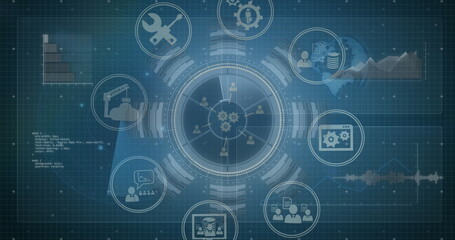 Image of multiple digital icons spinning over interface with data processing and round scanner