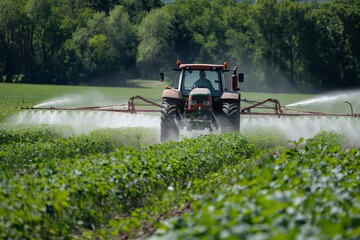 Fototapeta premium Tractor applies chemicals in agriculture field to fertilize and protect crops