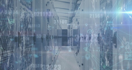 Image of changing numbers and network of digital icons against light spot over server room
