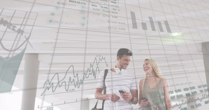 Image of data processing over caucasian couple walking