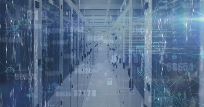Image of changing numbers and network of digital icons against light spot over server room