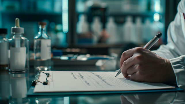 professor's hand writing assignment list on clipboard, laboratory background, Ai Generated Images