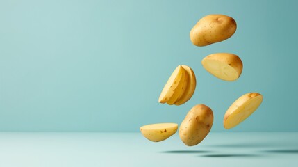 Whole and sliced potatoes falling against a blue background.