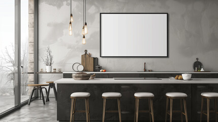 Modern Kitchen with Industrial Style, Grey Scheme and White Frame Mockup, isolated space, barstools, pendulum lights
