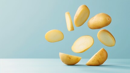 Slices of yellow potatoes floating in mid-air against a blue background.