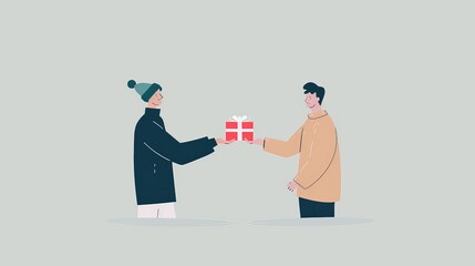 Minimalist 2D Flat Illustration of Generosity: Person Giving Gift to Another in Simple Scene of Exchange