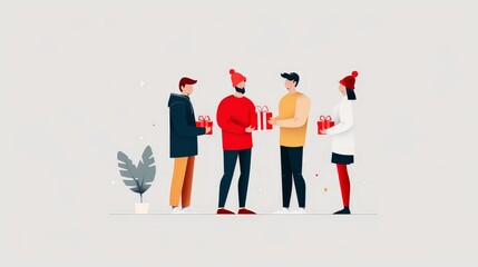 Joyful Gift Exchange - Minimalist 2D Flat Illustration of Friends Celebrating Together with Vibrant Colors and Simple Design