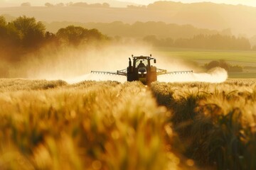 Naklejka premium Tractor spraying wheat in field