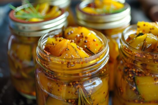 Traditional homemade spicy mango pickle in a jar Close up