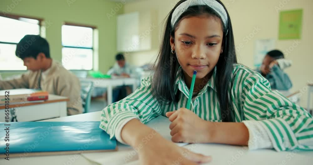 Poster student, desk and girl with test in classroom, homework or quiz activity for young learner. educatio