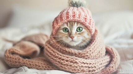 Kitten in knitwear on light background Spring theme with green eyed cat in hat and scarf