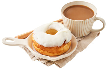 白いアイシングドーナツとカフェオレ