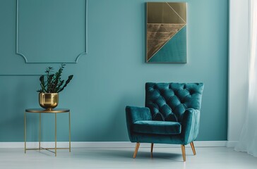 Modern Living Room with Dark Teal Velvet Armchair, Brass Side Table, and Golden Geometric Wall Art on Light Blue Wall, Scandinavian Home Decoration Idea